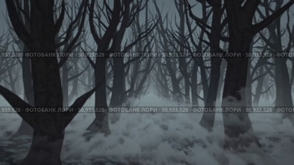 Midnight forest enveloped by low hanging fog, skeletal trees casting ghostly shadows across silent woodland, evoking haunting woodland atmosphere. Стоковое AI-видео, аниматор Данил Руденко / Фотобанк Лори