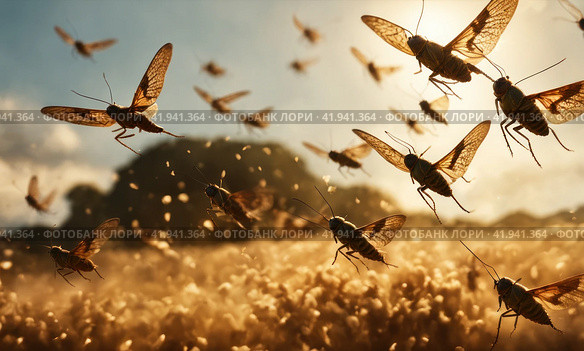Migratory locust swarm. Locusta migratoria. Acrididae. Oedipodinae. Agriculture and pest control. AI. Стоковое AI-изображение, AI-художник Sergey Grishin / Фотобанк Лори