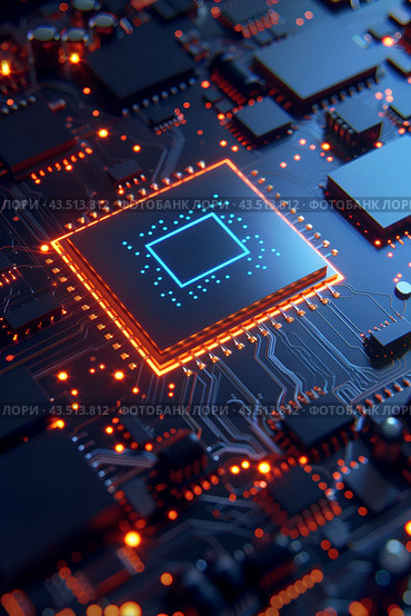 Микросхема со светящимися синими лампочками на печатной плате. Стоковое AI-изображение, AI-художник Максим Коломыченко / Фотобанк Лори