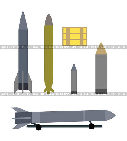 Military Ammunition Types Isolated on White.. Military ammunition types isolated on white. Ammo propellant and projectile. Used in combat including bombs, missiles, warheads, land mines, naval mines, and anti-personnel mines. Vector. Стоковая иллюстрация, агентство Ingram Publishing / Фотобанк Лори
