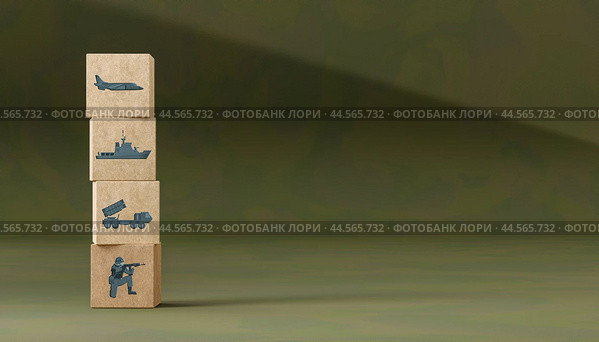 Military equipment wooden block icons on with camouflage background. Comparison of number of different types of weapons. Army war battle conflict weapons tank, aircraft, artillery, Navy, airforce. Стоковое фото, фотограф Павел Муравьев / Фотобанк Лори