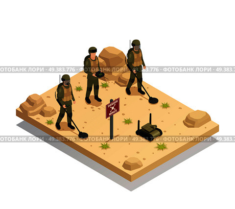 Military landmine clearing equipment with automated  demining robots isometric composition of mines detecting and removal vector illustration . Military Demining Robots Isometric Composition . Стоковая иллюстрация, агентство Ingram Publishing / Фотобанк Лори