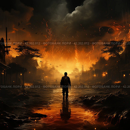 Military man in front of a burning city,Generative AI. Стоковое AI-изображение, AI-художник Анна Кривицкая / Фотобанк Лори
