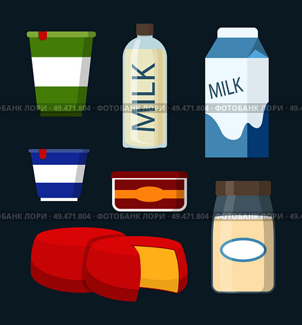 Milk and cheese isolated icons. Sour cream in plastic containers and organic drink in glass bottles. Natural pasteurized production from farm vector. Milk and Cheese Icons Set Vector Illustration. Стоковая иллюстрация, агентство Ingram Publishing / Фотобанк Лори