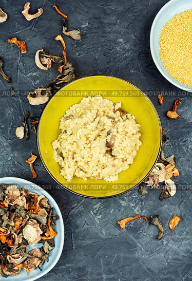 Millet porridge with forest mushrooms in a bowl on a concrete kitchen table.. Bowl of millet porridge with mushrooms. Стоковое фото, агентство Ingram Publishing / Фотобанк Лори