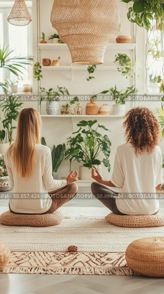 Mindful practice: Two women meditating at home surrounded by plants for a peaceful moment of relaxation. Стоковое AI-изображение, AI-художник Данила Большаков / Фотобанк Лори