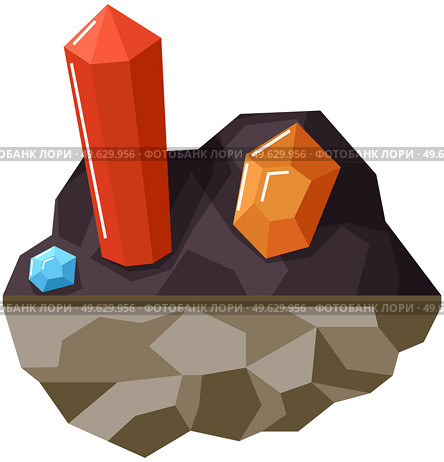 Minerals in ground isolated on white background. Crystals and colorful gems flat vector illustration. Red orange and blue crystals of different shapes. Expensive faceted metals in piece of ground. Minerals in ground isolated on white background. Crystals and colorful gems vector illustration. Стоковая иллюстрация, агентство Ingram Publishing / Фотобанк Лори