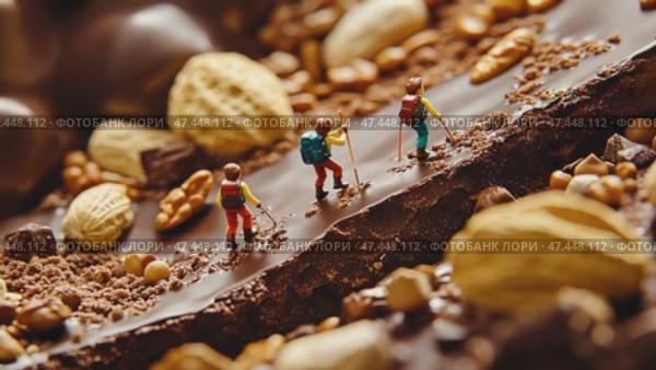 Miniature hikers exploring a chocolate mountain with nuts and candies during a whimsical adventure. Стоковое AI-видео, аниматор Ekaterina Ismagilova / Фотобанк Лори