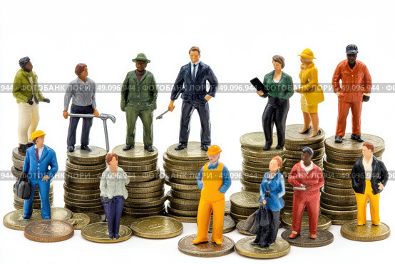 Miniature workers and businesspeople standing on stacks of coins symbolizing income inequality, labor market, salary differences, financial hierarchy, and economic disparity. Copy space. Banner. Стоковое AI-изображение, AI-художник Евгений Демидюк / Фотобанк Лори