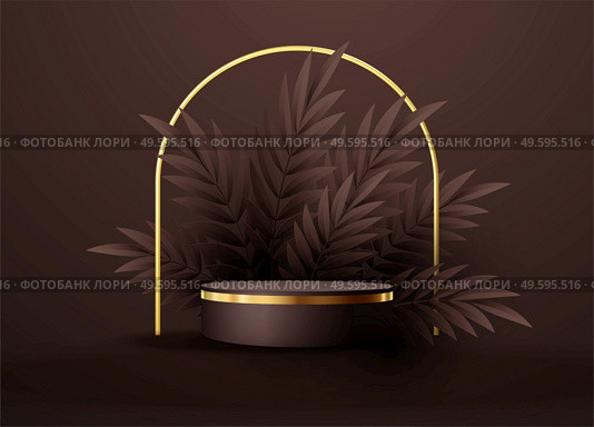 Minimal black scene with geometric shapes and palm leaves. Cylindrical gold and black podium on a brown chocolate background. 3D stage for displaying a cosmetic product, showcase. Minimal black scene with geometric shapes and palm leaves. Cylindrical gold and black podium on a brown chocolate background. 3D stage for displaying a cosmetic product. Стоковая иллюстрация, агентство Ingram Publishing / Фотобанк Лори