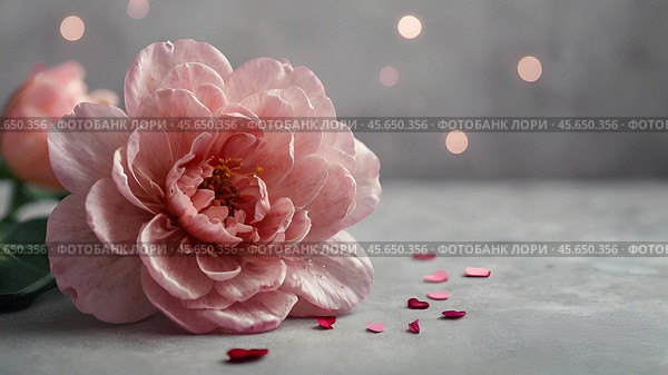 Minimalism. A beautiful pale pink flower on a gray background. The concept of Valentine's Day, Mother's Day and Women's Day. A copy of the space for the text. Стоковое AI-изображение, AI-художник Photojuli / Фотобанк Лори