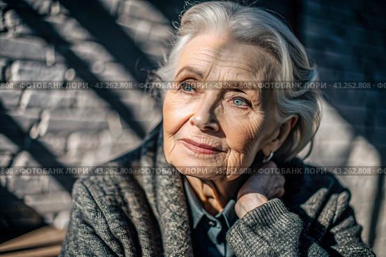 Minimalism. A studio portrait of a stylish, elegant elderly woman, a pensioner of 70 years old, in an interior and clothes of calm tones. The concept of the elderly. Стоковое AI-изображение, AI-художник Photojuli / Фотобанк Лори