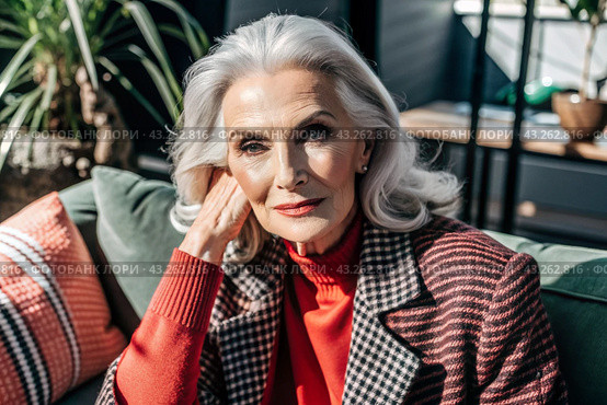 Minimalism. A studio portrait of a stylish, elegant elderly woman, a pensioner of 70 years old, in an interior and clothes of calm tones. The concept of the elderly. Стоковое AI-изображение, AI-художник Photojuli / Фотобанк Лори