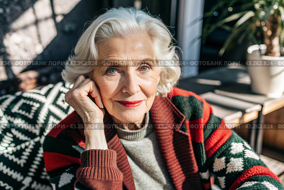 Minimalism. A studio portrait of a stylish, elegant elderly woman, a pensioner of 70 years old, in an interior and clothes of calm tones. The concept of the elderly. Стоковое AI-изображение, AI-художник Photojuli / Фотобанк Лори