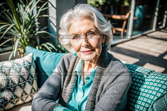 Minimalism. A studio portrait of a stylish, elegant elderly woman, a pensioner of 70 years old, in an interior and clothes of calm tones. The concept of the elderly. Стоковое AI-изображение, AI-художник Photojuli / Фотобанк Лори