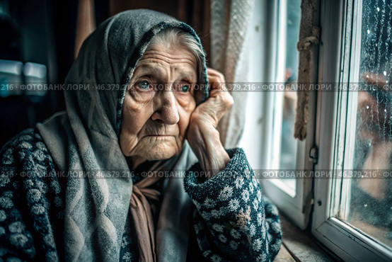 Minimalism. Portrait of an old elderly woman, a pensioner, a concept of the life of the elderly, health, loneliness and memory loss. Стоковое AI-изображение, AI-художник Photojuli / Фотобанк Лори