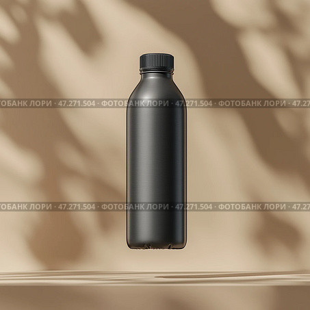 Minimalist black bottle suspended above a reflective surface with soft shadows in the background. Минималистичная серая бутылка, подвешенная над отражающей поверхностью, с мягкими тенями на заднем плане. Стоковое AI-изображение, AI-художник Katsiaryna Repich / Фотобанк Лори