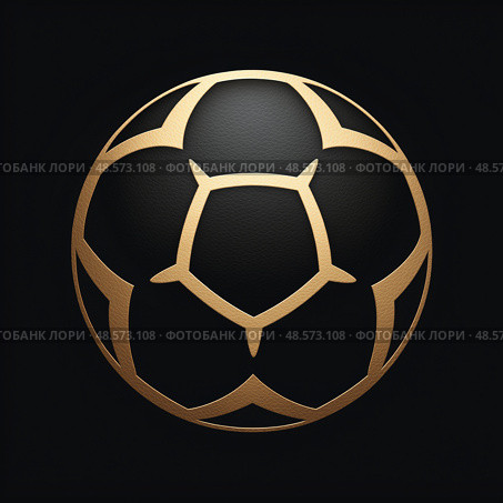 Minimalist Gold Soccer Ball Silhouette on Black Background, Elegant Sport Logo Concept. Минималистский золотой футбольный мяч силуэт на черном фоне, элегантный спортивный логотип. Стоковое AI-изображение, AI-художник Katsiaryna Repich / Фотобанк Лори