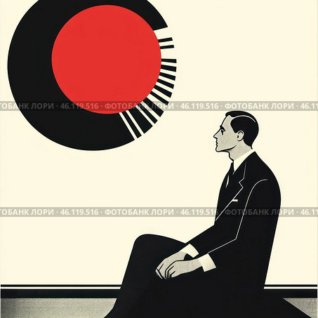 Minimalist graphic art in the style of constructivism or modernism. A man in a black suit sits on the floor, thoughtfully looking at an abstract figure in the form of a large red circle surrounded by black elements. The composition is made in a limited color scheme (black, white, red) and resembles works in the spirit of Bauhaus or Soviet avant-garde. Strict lines, minimalist details and contrasting colors create an effect of conciseness and expressiveness. Стоковое AI-изображение, AI-художник Анна Кривицкая / Фотобанк Лори