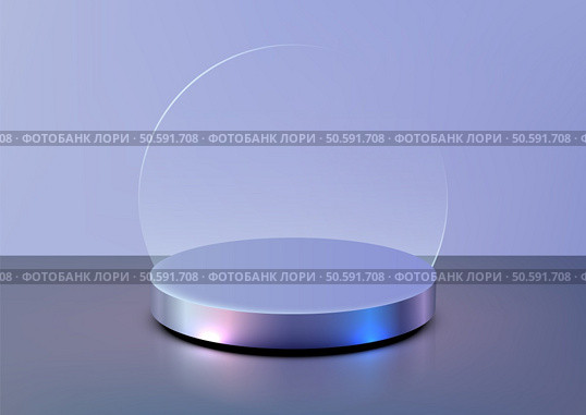 minimalist modern 3d concept 3D metallic cylindrical platform in soft lilac tones, paired with a translucent curved glass screen reflecting rainbow gradient, product displays and futuristic designs. Стоковая иллюстрация, агентство Ingram Publishing / Фотобанк Лори