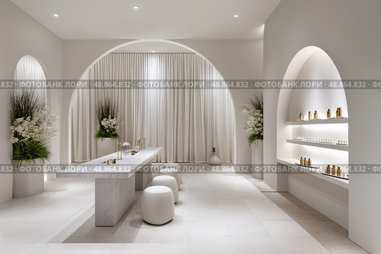 Minimalist spa interior with elegant decor and calming vibe. Минималистский интерьер спа-салона с элегантным декором и успокаивающей атмосферой. Стоковое AI-изображение, AI-художник Katsiaryna Repich / Фотобанк Лори