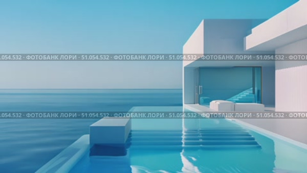 Minimalistic large swimming pool located right next to the ocean, offering a unique experience of swimming with breathtaking ocean views. Стоковое AI-видео, аниматор Данила Большаков / Фотобанк Лори