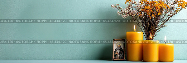 Минималистская планировка квартиры для уругвайского фестиваля со свечами и цветами. Стоковое AI-изображение, AI-художник ФотоИнтеллект / Фотобанк Лори