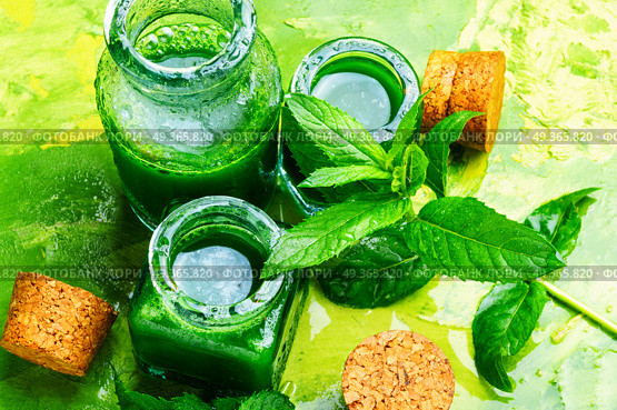Mint essential oil in a glass bottle.Herbal medicine. Natural mint essential oil. Natural mint essential oil. Стоковое фото, агентство Ingram Publishing / Фотобанк Лори
