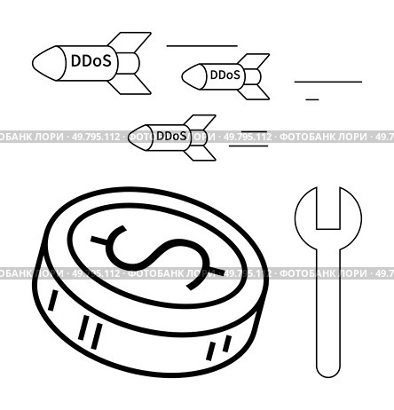 Missiles labeled DDoS flying towards a coin with a dollar sign and a wrench. Ideal for cybersecurity, financial threats, network security, IT protection, digital economy, hacker attacks, risk. DDoS Attacks Hitting Virtual Currency Concept of Cyber Threats to Financial Systems. Стоковая иллюстрация, агентство Ingram Publishing / Фотобанк Лори