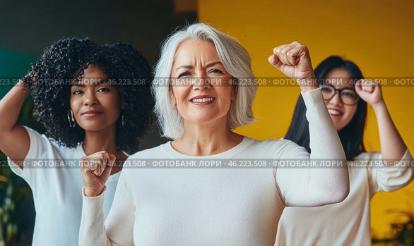 Mixed race women with raised fists of empowerment, strength and women solidarity, International Womens Day concept. Стоковое AI-изображение, AI-художник Анастасия Золотницкая / Фотобанк Лори
