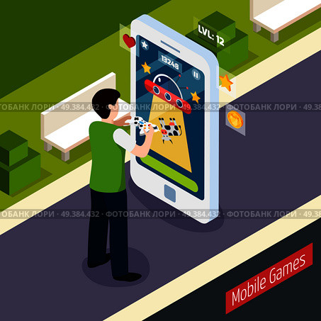Mobile games isometric composition with person with controller and smart phone at outdoor vector illustration. Mobile Games Isometric Composition. Стоковая иллюстрация, агентство Ingram Publishing / Фотобанк Лори