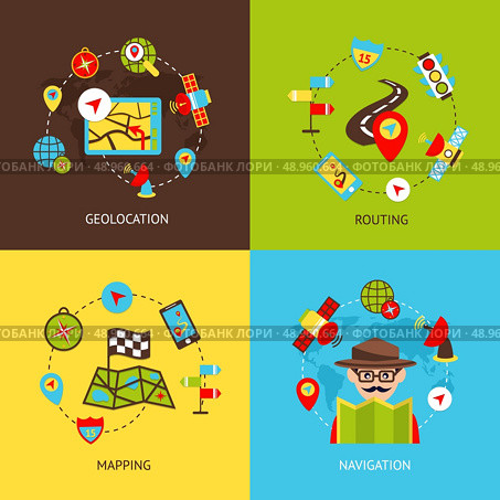 Mobile gps navigation and travel flat icons set with geolocation routing mapping isolated vector illustration. Стоковая иллюстрация, агентство Ingram Publishing / Фотобанк Лори