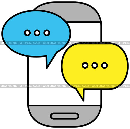 Mobile phone chat message notifications vector illustration sms communication isolated on white, smartphone and chatting bubble speeches, concept of online talking, speak, conversation, dialog icon. Mobile phone chat message notifications vector illustration sms communication isolated on white. Стоковая иллюстрация, агентство Ingram Publishing / Фотобанк Лори