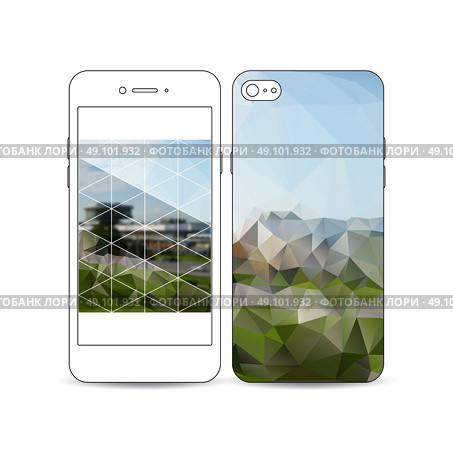 Mobile smartphone with an example of the screen and cover design isolated on white background. Colorful polygonal background, blurred image, airport landscape, modern stylish triangular vector texture. Стоковая иллюстрация, агентство Ingram Publishing / Фотобанк Лори