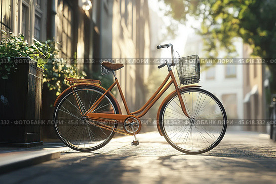 Mocha mousse light brown colored bicycle parked on a city street, showcasing urban style and eco-friendly transportation. Color of 2025 year mocha mousse. Стоковое AI-изображение, AI-художник Ольга Ильина / Фотобанк Лори
