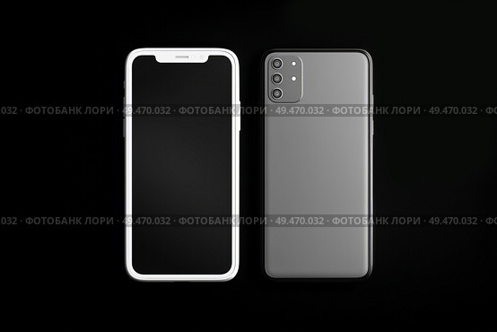 Mock-up of a white mobile phone and a grey mobile phone front panel on a black background. Стоковое AI-изображение, AI-художник Алексей Кузнецов / Фотобанк Лори