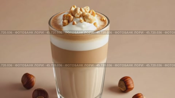 Mockup. Hot hazelnut coffee on a pale beige background. Space for text. Spice Latte or cappuccino. A rich and creamy hazelnut latte with a crumb of crushed nuts, served in a clear glass. Стоковое AI-видео, аниматор Марина Демидюк / Фотобанк Лори