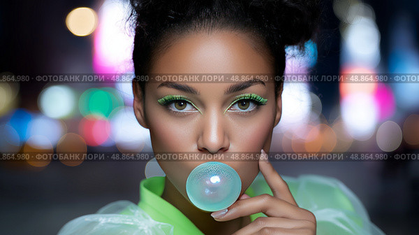 Model blowing bubble gum at night in a vibrant urban scene. Модель надувает жвачку ночью на фоне оживленной городской сцены. Стоковое AI-изображение, AI-художник Katsiaryna Repich / Фотобанк Лори