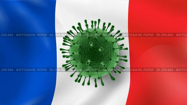 Model of Coronavirus bacteria on a background of French flag. Rapid spread of Coronavirus, Covid 19 in the world. Global calamity. Quarantine concept.. Bacteria of Coronavirus on the background of French flag. Стоковое фото, агентство Ingram Publishing / Фотобанк Лори