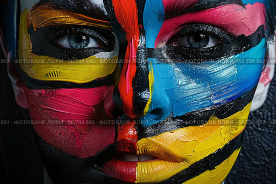 Model showing colorful body painting inspired by piet mondrian. Стоковое AI-изображение, AI-художник Иван Рябоконь / Фотобанк Лори