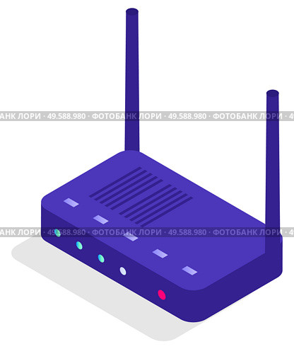 Modem for access to internet vector, router for connection isolated icon. Device with antenna and lights indicating status of signal, system for database work. Illustration in isometric 3d style. Router Connection, Modem for Wifi Internet Access. Стоковая иллюстрация, агентство Ingram Publishing / Фотобанк Лори
