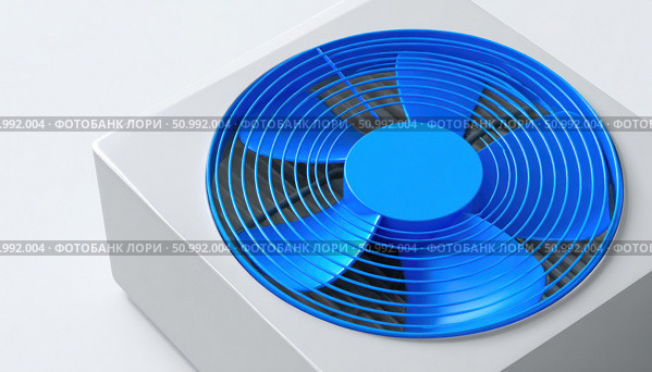 Modern air conditioner unit with rotating blue fan blades cooling system. Стоковое фото, фотограф Юрий Поздников / Фотобанк Лори