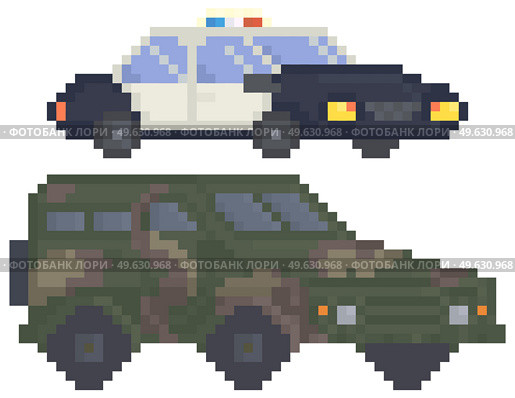 Modern army truck and police car for pixel-game design layout. Military technics, force heavy equipment, pixelated armored corps machinery. Combat camouflage transport, police car with flashing lights. Modern army truck and police car for pixel-game design. Military technics, force heavy equipment. Стоковая иллюстрация, агентство Ingram Publishing / Фотобанк Лори