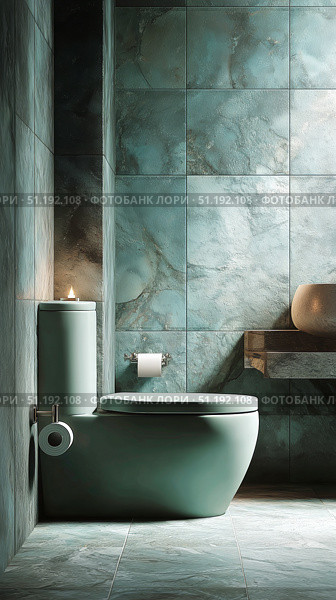 Modern Bathroom Design With Teal Tiles and Minimalistic Features for a Calming Atmosphere. Стоковое AI-изображение, AI-художник Юлия Гапеенко / Фотобанк Лори