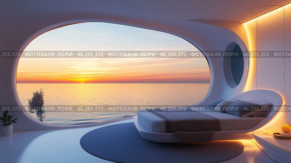 Modern bedroom with stunning ocean view during sunrise offers serenity and tranquility. Стоковое AI-изображение, AI-художник Михаил Коханчиков / Фотобанк Лори