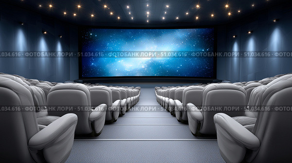 Modern cinema interior with empty seats and large screen ready for viewing. Стоковое AI-изображение, AI-художник Katsiaryna Repich / Фотобанк Лори