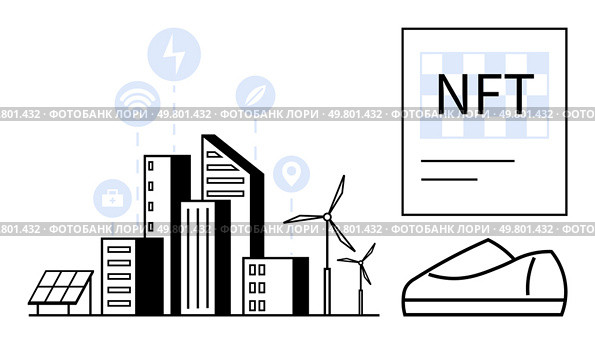 Modern cityscape with skyscrapers, solar panel, wind turbines, and connectivity icons. Featured NFT asset alongside smart shoe design. Ideal for smart city planning, renewable energy, digital assets. Smart City with Renewable Energy Sources, NFT Asset, and Technological Connectivity Elements. Стоковая иллюстрация, агентство Ingram Publishing / Фотобанк Лори