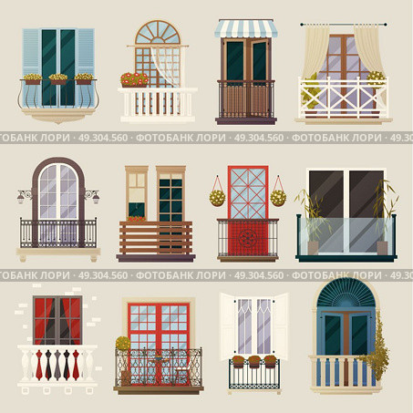 Modern Classic Vintage Balcony Elements Collection . House exterior design ideas with modern vintage and classic balconies style building facade elements collection vector illustration . Стоковая иллюстрация, агентство Ingram Publishing / Фотобанк Лори