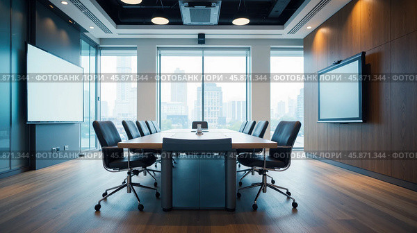 Modern conference room with large windows, city view, long table, black chairs, wooden floor, ceiling lights, and presentation screen. Стоковое фото, фотограф Павел Муравьев / Фотобанк Лори