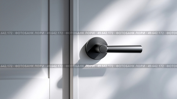 Modern door handle on white door with soft shadows in natural light. Современная дверная ручка на белой двери с мягкими тенями при естественном освещении. Стоковое AI-изображение, AI-художник Katsiaryna Repich / Фотобанк Лори
